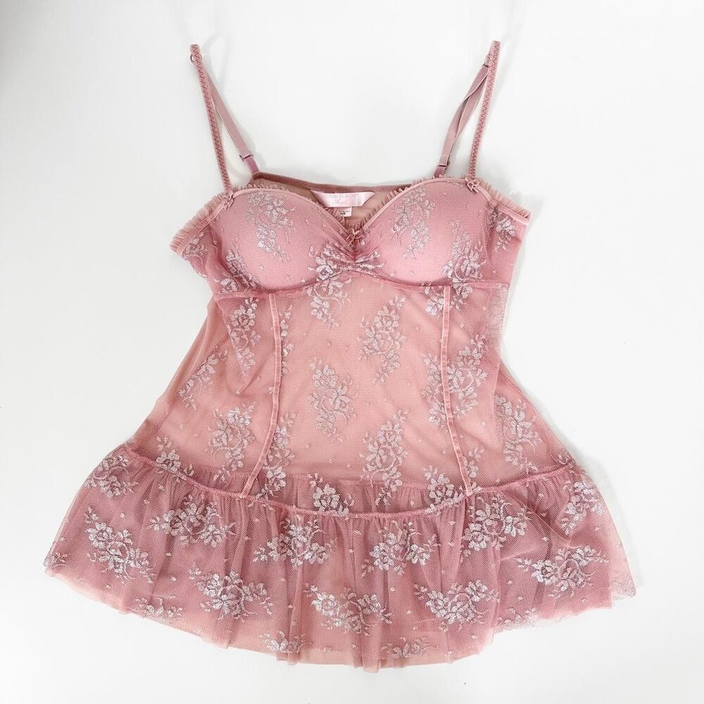 Victoria’s Secret pink w/ silver accents babydoll bustier push up bra Y2K 36C